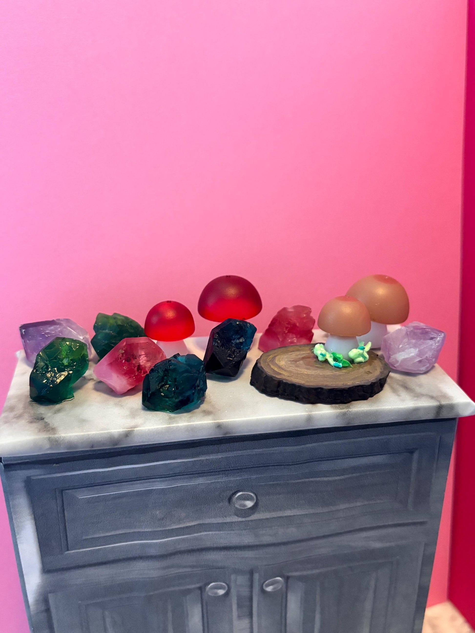 Custom Woodland Decor Crystals and Mushrooms | dollhouse decor for 1:6 scale
