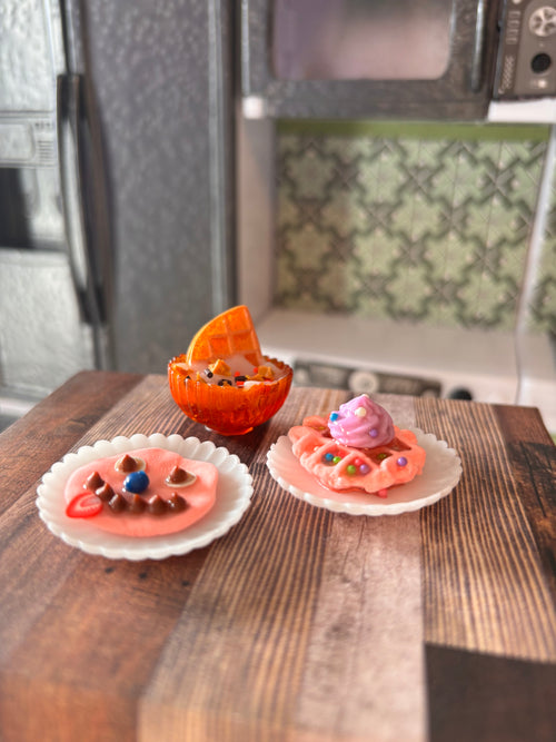 Breakfast Waffles Pancakes Yogurt Bowl | realistic dollhouse food for one sixth 12 inch dolls like Barbie or Blythe