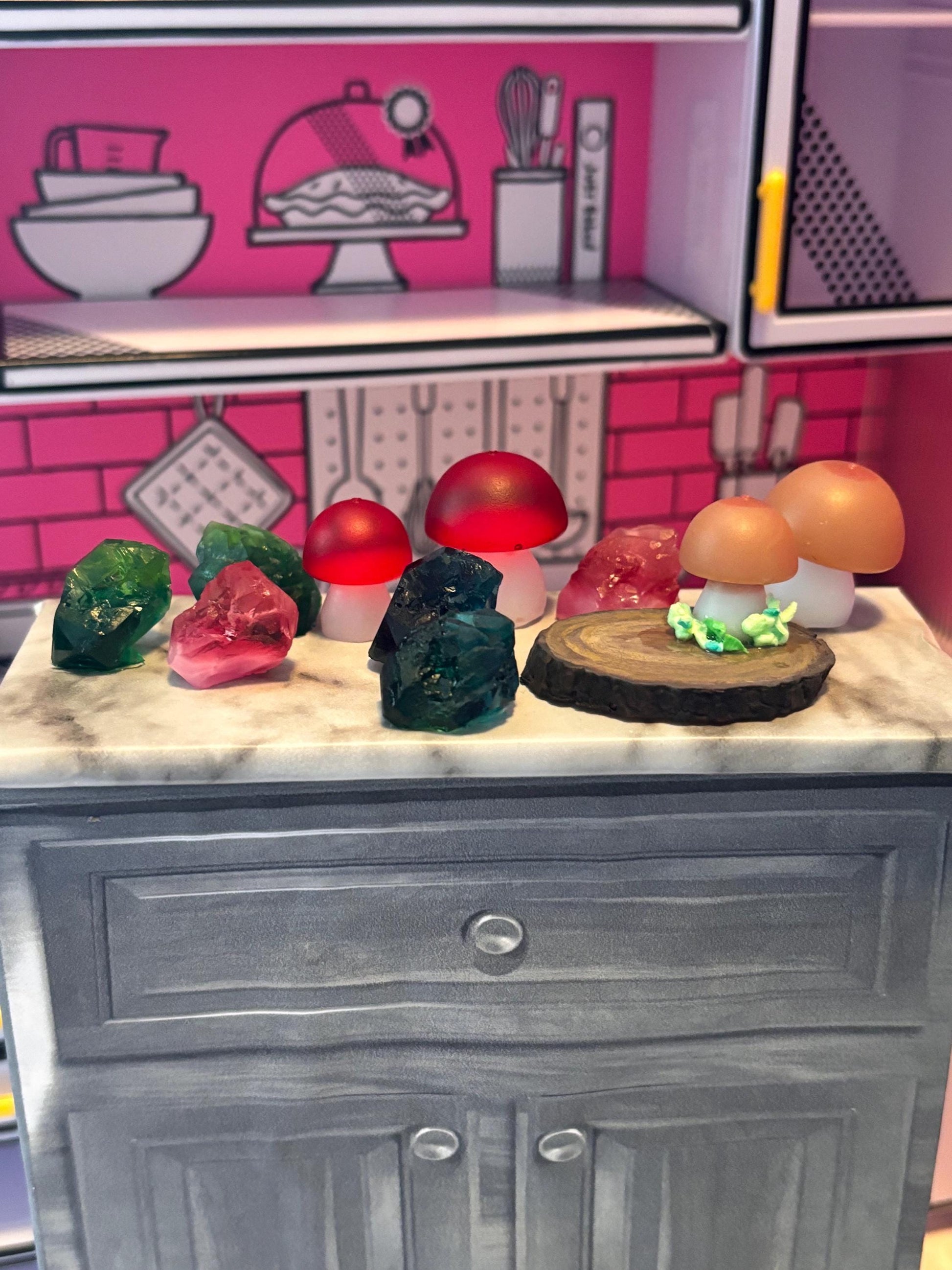 Custom Woodland Decor Crystals and Mushrooms | dollhouse decor for 1:6 scale