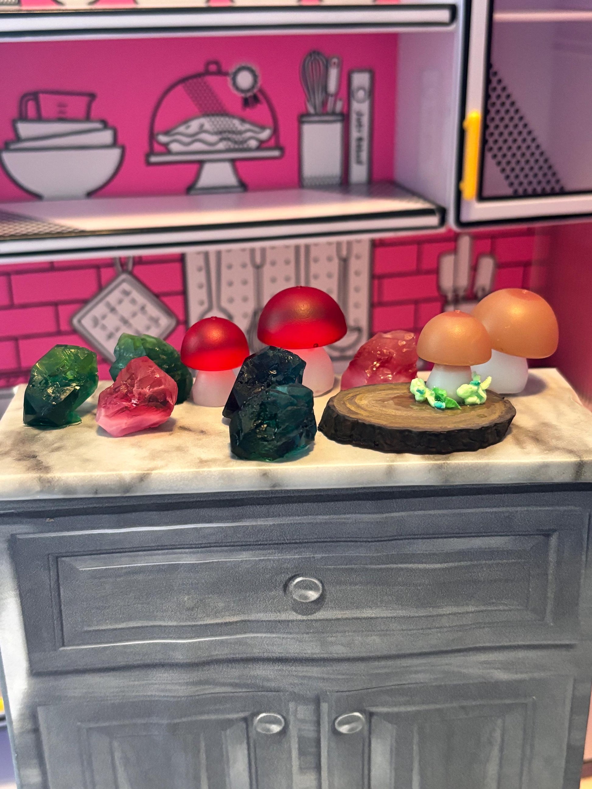 Custom Woodland Decor Crystals and Mushrooms | dollhouse decor for 1:6 scale